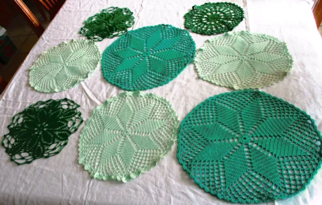 Lot of 8 Vintage Handmade Crocheted Crochet green  Doily Doilies assorted sizes