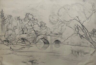 Dibujo Paisaje Del Río Con Puente Hans Salzmann 1900-1979 #29 Weimar