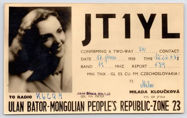Czechoslovakia~RARE 1958 RPPC QSL~Mongolian Embassy Zone 23 Milada Kloučkova