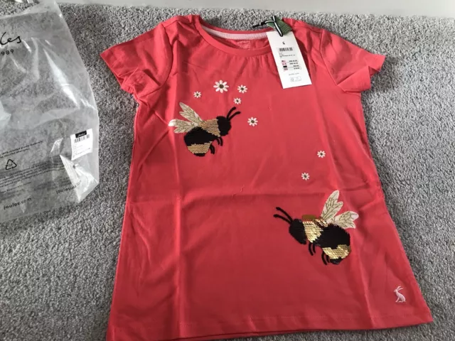 Joules Girls Astra Pink Bee Poppy Coral T-shirt Top Age 9 - Brand New