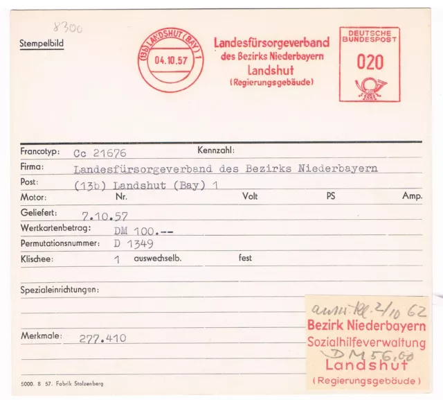 Landshut 1957 Landesfürsorgeverband Niederbayern   AFS Archivkarte Unikat