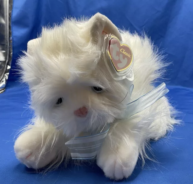 Ty Beanie Baby Classic -Sugar- 12” White Persian Cat Blue Bow Tag In Protector