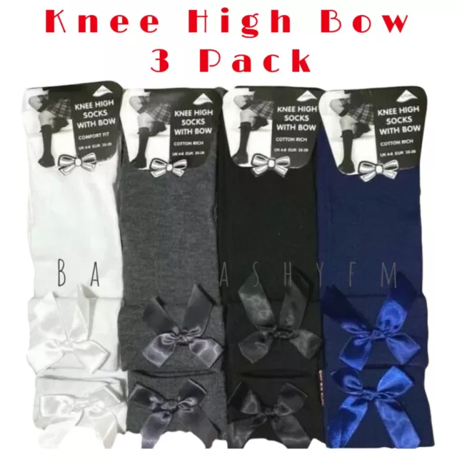 3 Pairs Girls Ladies Knee High Long School Socks With Bow Party Socks All Sizes