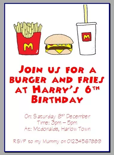 personalised paper card party invites invitations MCDONALDS BURGER PARTY FRIES