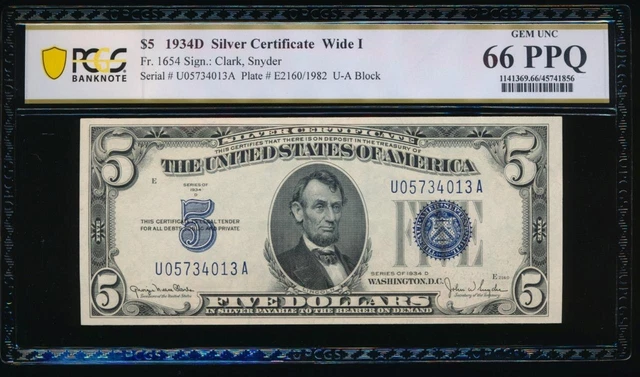 AC 1934D $5 Silver Certificate PCGS 66 PPQ U-A block Wide I Fr 1654 !!!