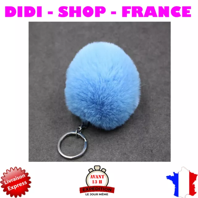 Porte Clé Pompon Fourrure Bleu Bijou de Sac à main