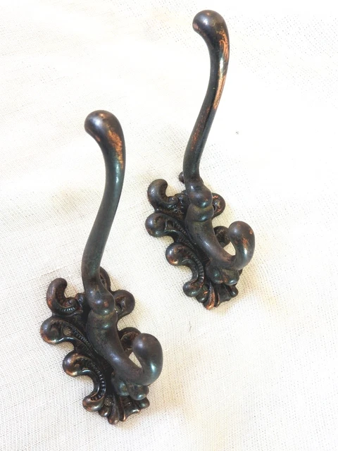 x2 Antique 1898 Registered Design Baroque Coat Hooks Copper Plate Iron
