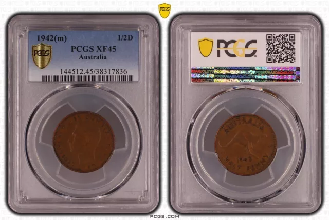 1942 Australian PreDecimal Coin Half Penny PCGS Slab Grade XF45 KGVI Melbourne 2