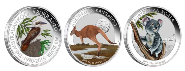 3 COIN SET AUSTRALIAN OUTBACK 2015 1/2OZ SILVER COLOURED COLLECTION Australia