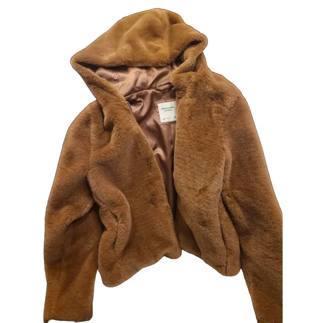 Abercrombie Fitch Women M Faux Fur Hooded Jacket Camel Plush Zip AF  NWOT