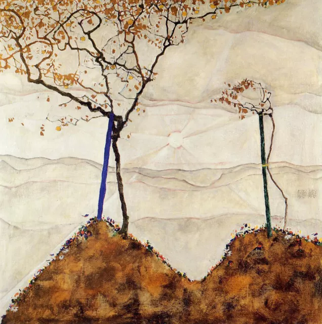 Oil painting abstract landscape with trees mountains Autumn-Sun-I-Egon-Schiele