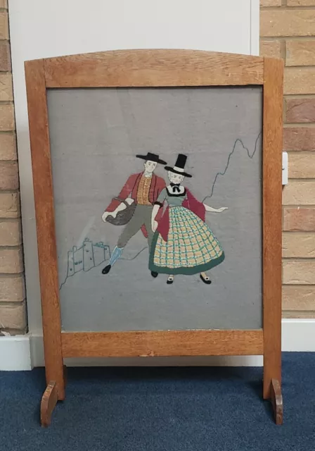 Vintage Wooden Fire Screen with Traditional Clothed Couple Embroidered Applique