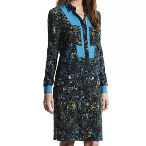 Derek Lam XS Women's Black Blue Splatter Colorblock Shirtdress Shift Dress