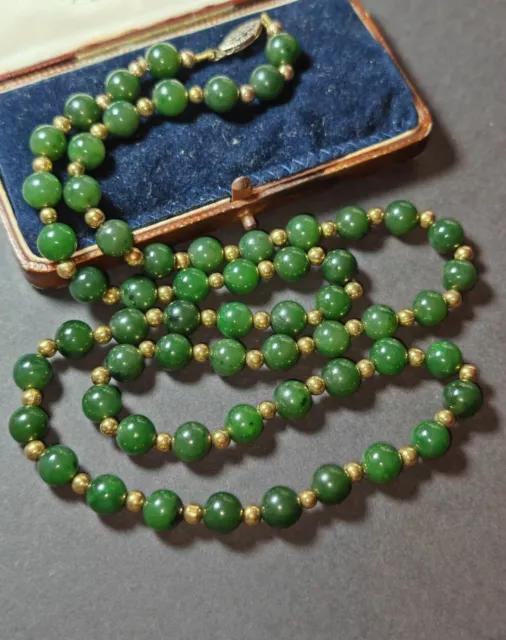 Nephrite Jade gemstone bead Chinese Export vintage Necklace Gilt Sterling 925
