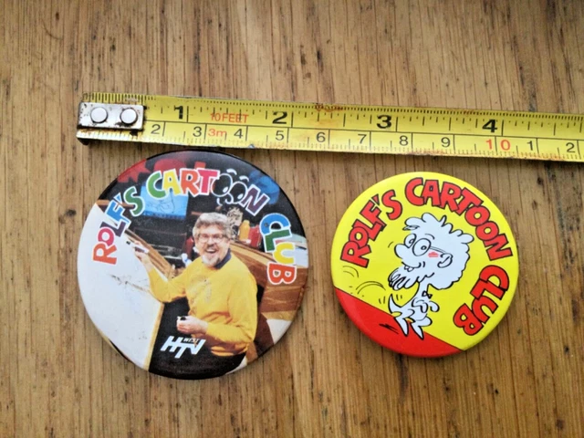 ROLF HARRIS PIN BADGES ROLFS CARTOON CLUB MEMEBERSHIP METAL VINTAGE x 2
