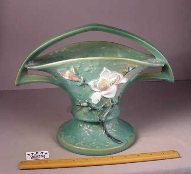 VTG Roseville Art Pottery 1940's Magnolia Basket  Vase Planter 385-10 Green MCM
