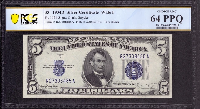 1934 D $5 Silver Certificate Note Fr.1654 Wide I Ra Block Pcgs B Cu 64 Ppq