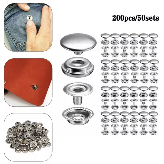 200Pcs Heavy Duty Snap Fasteners 15mm Press Studs Poppers Buttons DIY Tool Kit