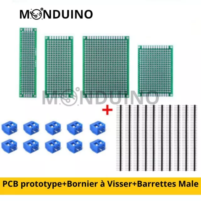 24PCS: 4PCS PCB prototype + 10pcs Bornier à Visser +10pcs Barrettes Male ARDUINO