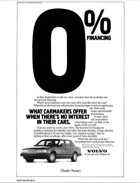 1989 Volvo Dealer Display Ad Poster 0% Financing A Car You Can Believe In Poster
