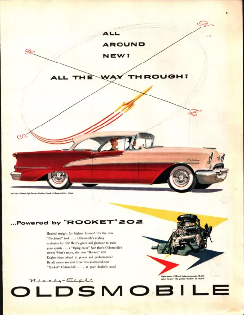 1955 Oldsmobile Ninety-Eight Deluxe Holiday Coupe "Rocket 202" vintage print ad