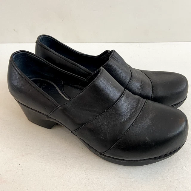 Dansko Womens Shoes Slip On Clogs Size 39 US 8.5 Black Heels Leather Wedge