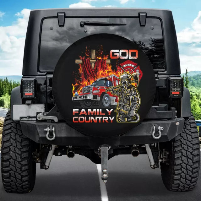 Firefighter Spare Tire Cover God Cross Family Country Wheel Cover Truck Jeep Dad