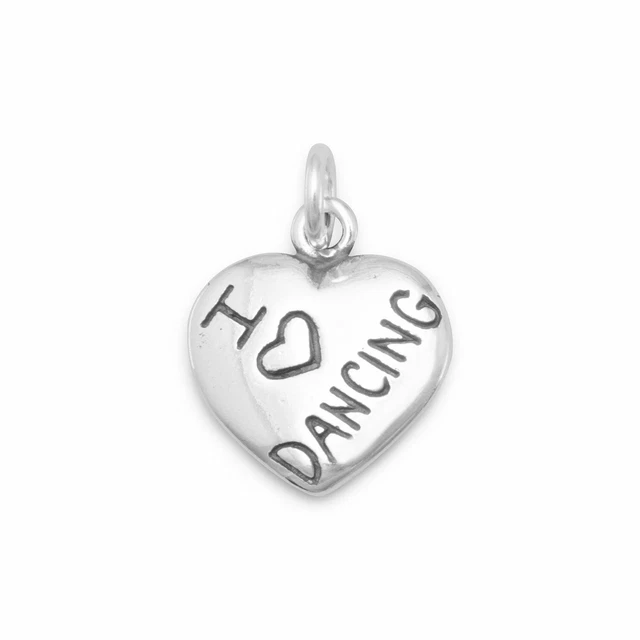 "I Love DANCING" Charm Heart Drop Pendant Men Women's Gift 14K White Gold Finish