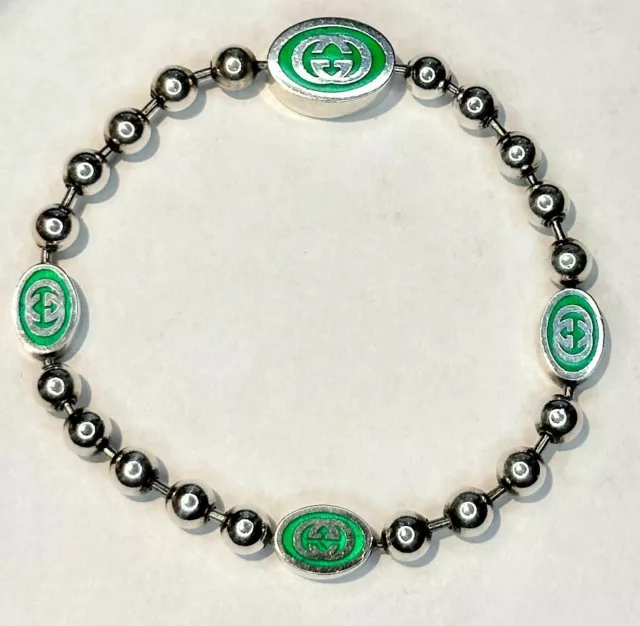 Gucci Sterling Silver Enamel Interlocking Green G Boule Chain Bracelet