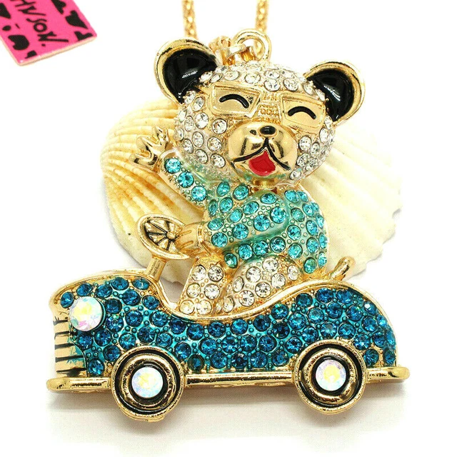 Betsey Johnson Blue Rhinestone Bear in Car Pendant Necklace #2172