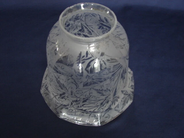 Vintage 4-3/4"  Frosted Floral/Leaf Etched Glass Lamp Shade 2-1/8" Fitter