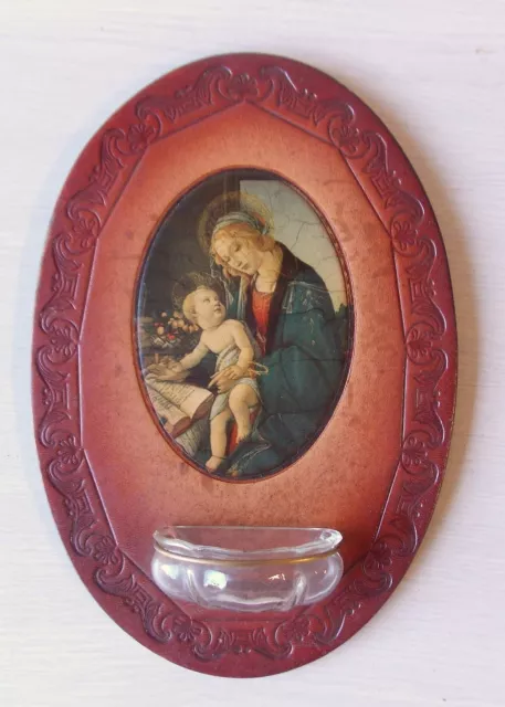 Ancien Benitier Cadre Religieux Vierge Et L'enfant En Cuir