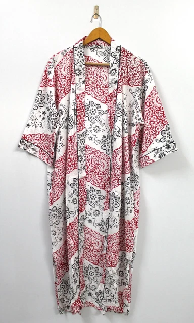 Multicolored Hand Block Print Cotton Kimono Robe, Floral Print Bathrobe Kimono