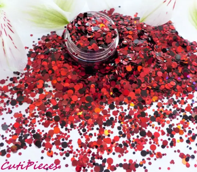 Nail Art Glitter *Vampire* Black Red Holographic Dots Cranberry Hexagon Mix Pot