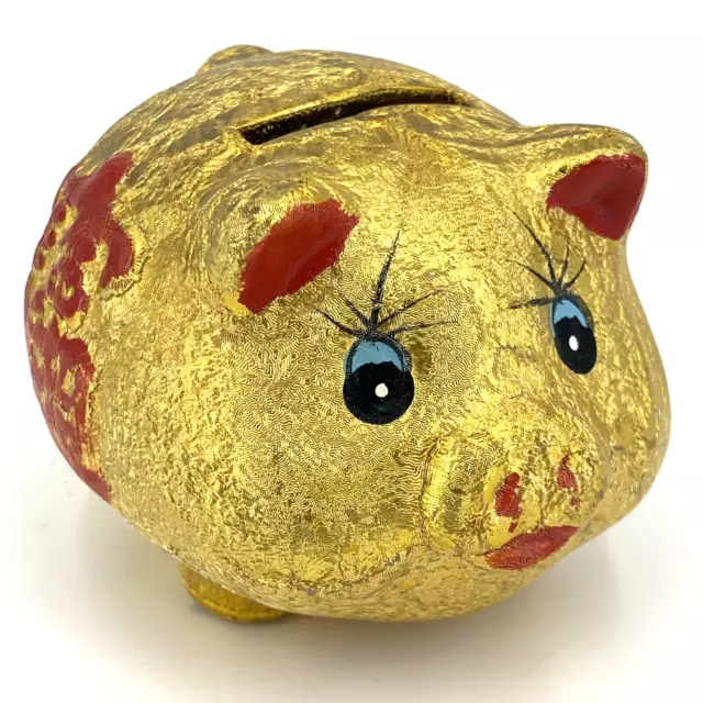 Gold Tone Chinese Happiness Pig Piggy Bank Removable Stopper Oriental Vintage 4"