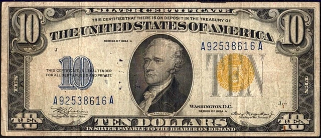 $10 Five Dollar 1934 A Silver Certificate FR 2309 Yellow Seal North Africa WWII