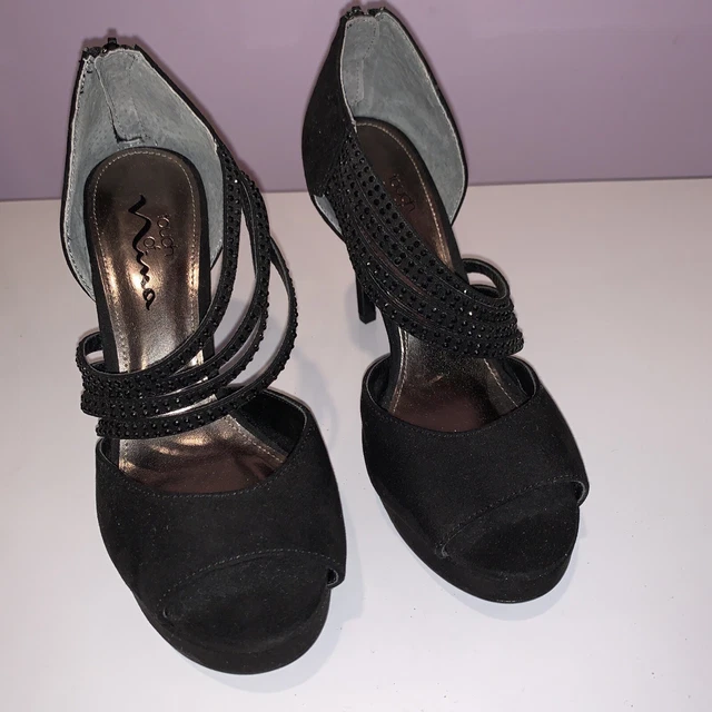 Nina Womens Black Suede High Heel Stiletto Shoes With Beaded Straps Zip Up 7.5M