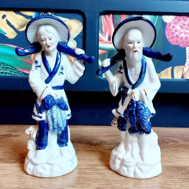 2 X Vintage Blue White Chinese Porcelain Old Fisherman W/ Catch Mudman Art China