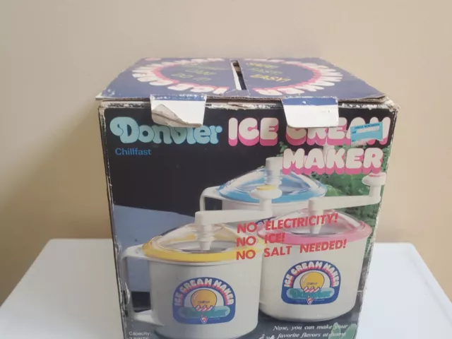 Donvier Vintage Chillfast Ice Cream Maker 1 Quart 2 Pints Pink Rim w/box no book