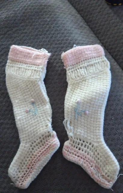 Vintage 1900's Handcrafted Crocheted Pink & White Baby Socks With  Flowers