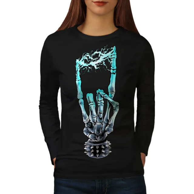 Wellcoda Skeleton Hand Rock Skull Womens Long Sleeve T-shirt,  Casual Design