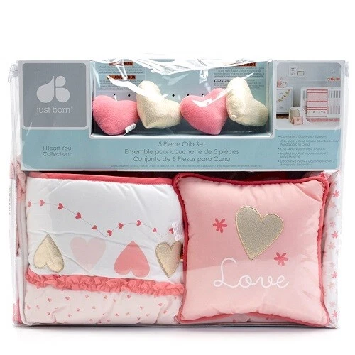 Juego de cama para cuna Just Born I Heart You 5 piezas incluye móvil/almohada *Nuevo*