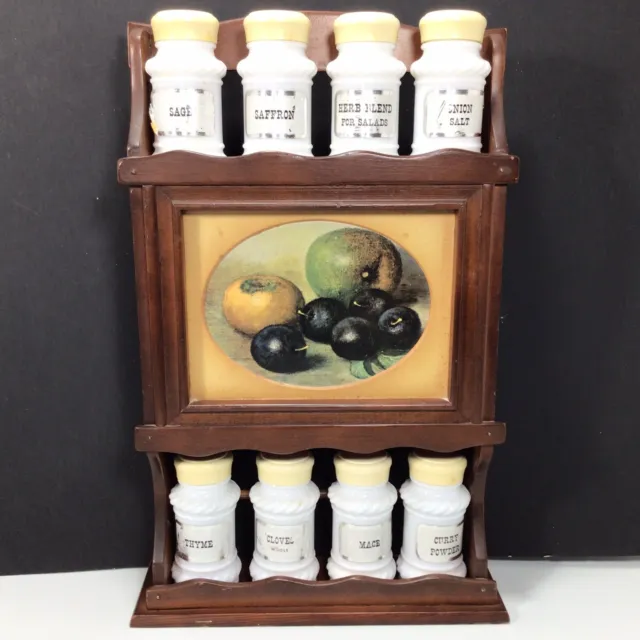 VTG Milk Glass Spice Herb Jars Wooden Wall Rack Fruit Persimmon plums 🍏 Apple