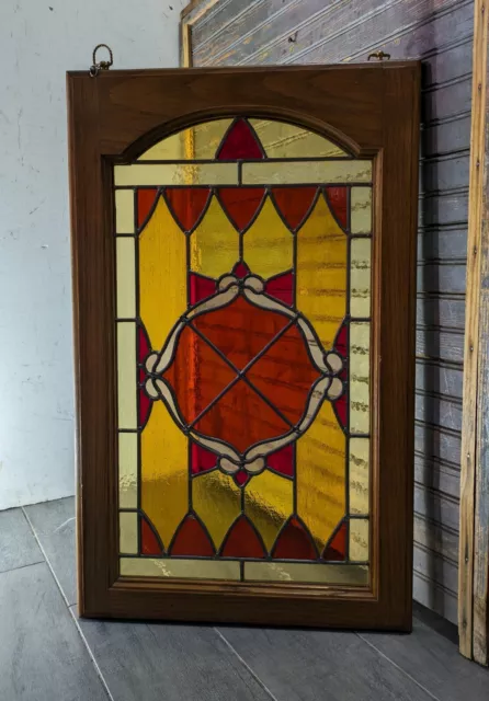 Vintage Stained Leaded Glass Panel Oak Frame Window Arts & Crafts Victorian Red 2