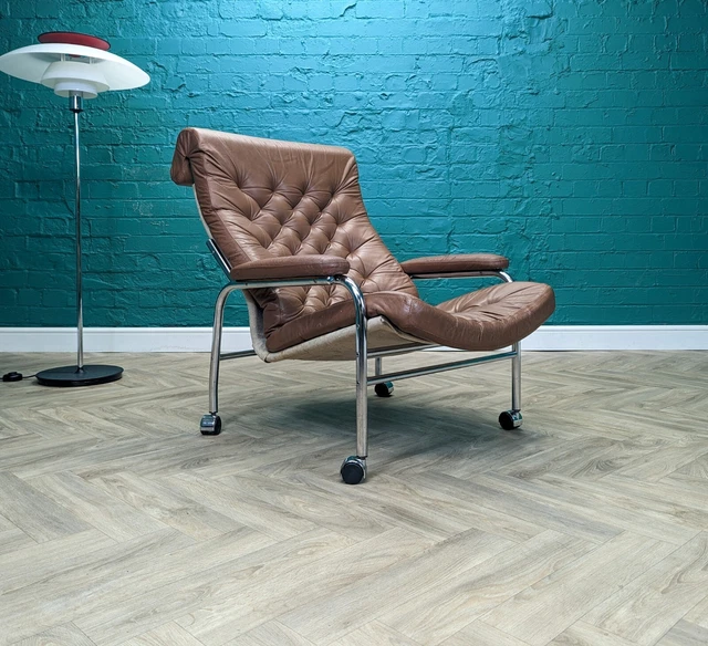 Mid-Century Vintage Swedish Brown Leather & Chrome Armchair by Noboru Nakamura