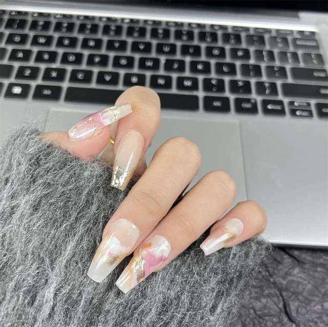 Hecho a mano Uñas Falsas Invierno Floración Ataúd Prensa sobre Uñas para Arte Uñas 10 PIEZAS
