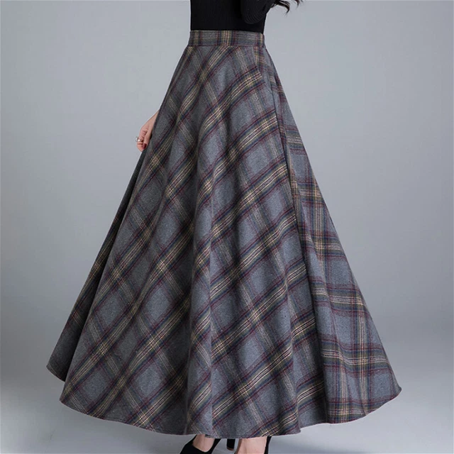 Femme Faux Laine Jupe Carreaux Écossais Trapèze Pli Épais Demi Robe Taille Haute