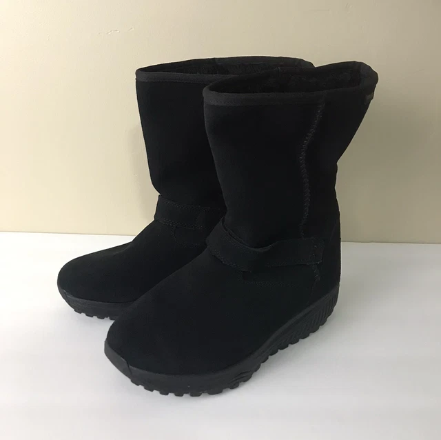 Sketchers Shape Ups Black Leather Faux Fur Wedge Toning Boots Size 8