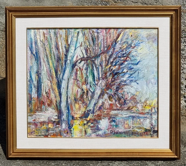 Piero Solavaggione ( Carmagnola TO 1899-1979 ). Paesaggio con alberi 1970, olio Piero Solavaggione ( Carmagnola TO 1899-1979 ). Paesaggio con alberi 1970, olio