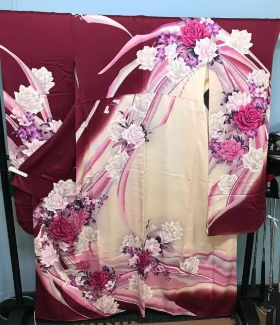 Giapponese Kimono Seta Furisode Vintage Tradizionale Fiore Motivo Peonia Fiore
